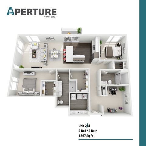 Floor plan for 2 beds, 2 baths, 1567 sqft