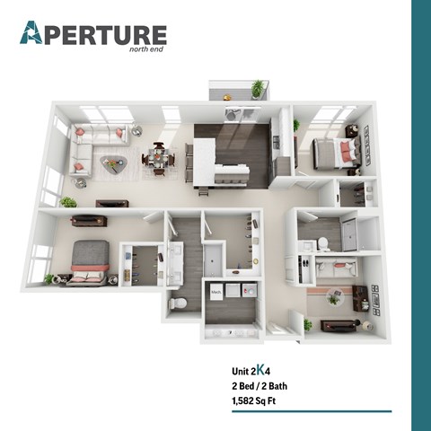 Floor plan for 2 beds, 2 baths, 1582 sqft
