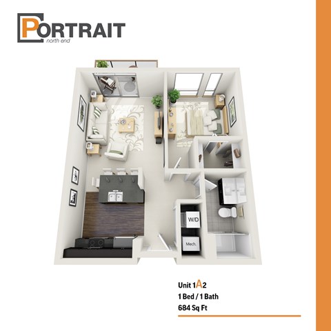 Floor plan for 1 bed, 1 bath, 684 sqft