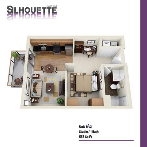 Floor plan for studio, 1 bath, 555 sqft
