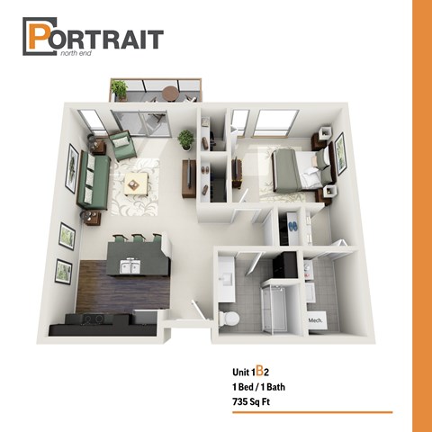 Floor plan for 1 bed, 1 bath, 735 sqft