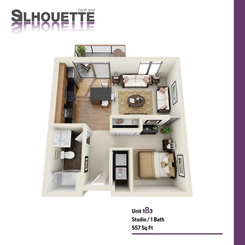Floor plan for studio, 1 bath, 557 sqft