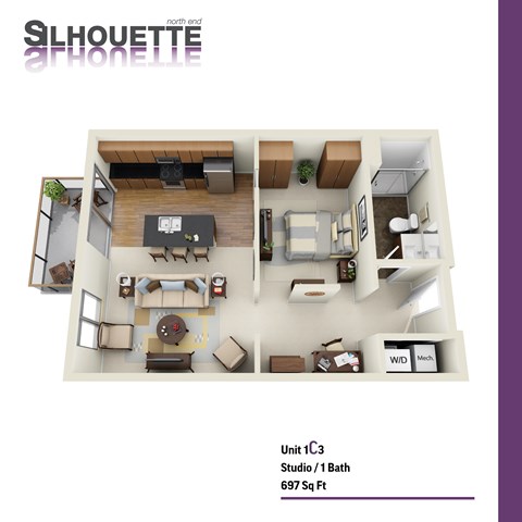 Floor plan for studio, 1 bath, 697 sqft