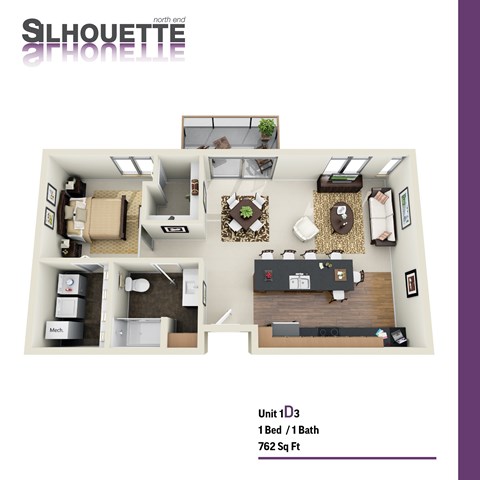 Floor plan for 1 bed, 1 bath, 762 sqft