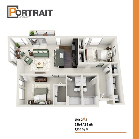 Floor plan for 2 beds, 2 baths, 1150 sqft
