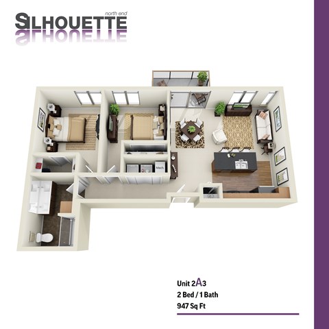 Floor plan for 2 beds, 1 bath, 947 sqft
