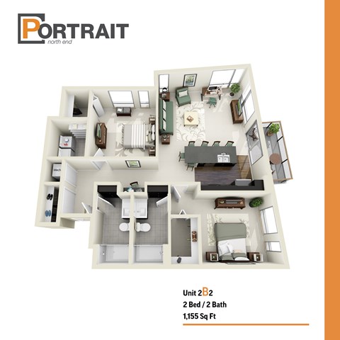 Floor plan for 2 beds, 2 baths, 1155 sqft