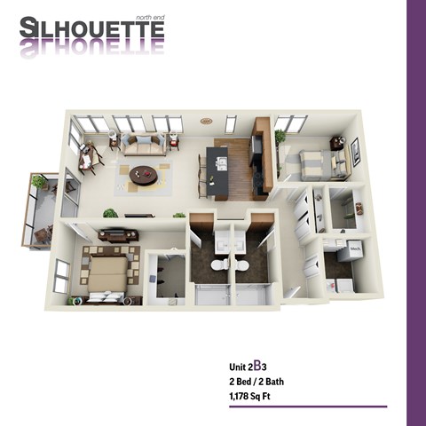 Floor plan for 2 beds, 2 baths, 1178 sqft