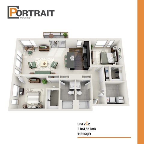 Floor plan for 2 beds, 2 baths, 1181 sqft