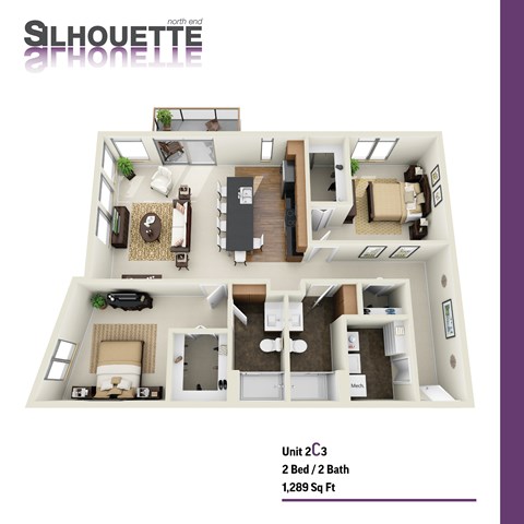 Floor plan for 2 beds, 2 baths, 1289 sqft