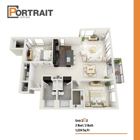 Floor plan for 2 beds, 2 baths, 1224 sqft