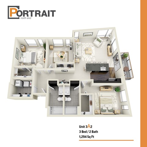 Floor plan for 3 beds, 2 baths, 1294 sqft