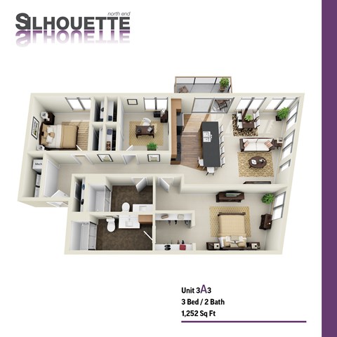 Floor plan for 3 beds, 2 baths, 1252 sqft