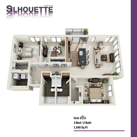 Floor plan for 3 beds, 2 baths, 1340 sqft