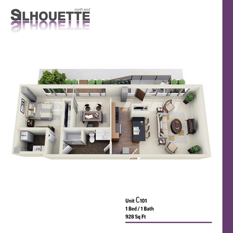 Floor plan for 1 bed, 1 bath, 928 sqft