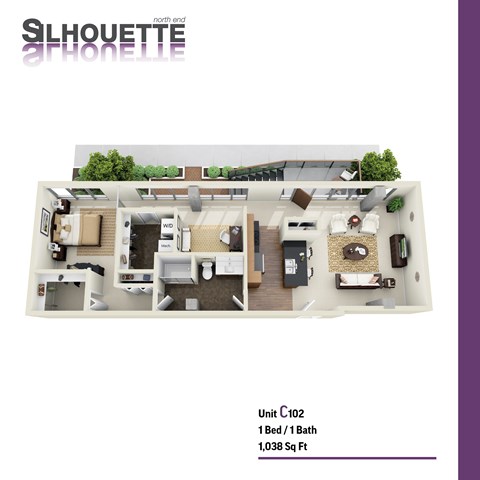 Floor plan for 1 bed, 1 bath, 1038 sqft