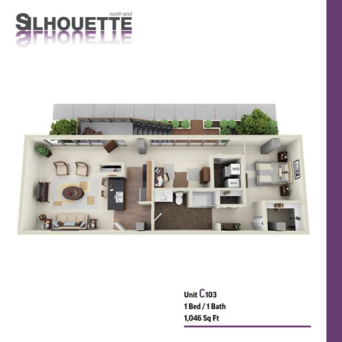 Floor plan for 1 bed, 1 bath, 1046 sqft