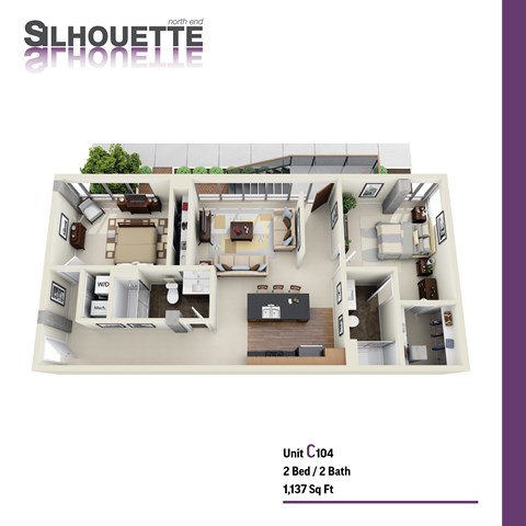 Floor plan for 2 beds, 2 baths, 1137 sqft