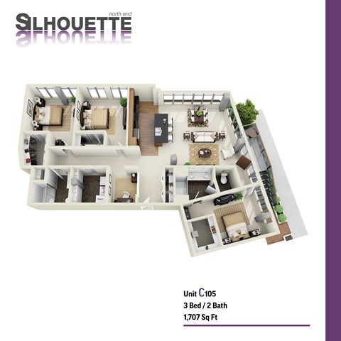 Floor plan for 3 beds, 2 baths, 1707 sqft