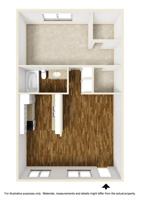 Floor plan for 1 bed, 1 bath, 735 sqft