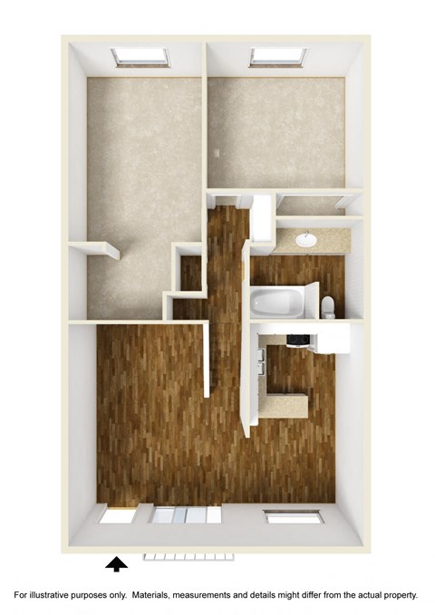 Floor plan for 2 beds, 1 bath, 973 sqft