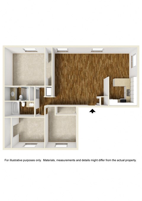 Floor plan for 3 beds, 2 baths, 1212 sqft