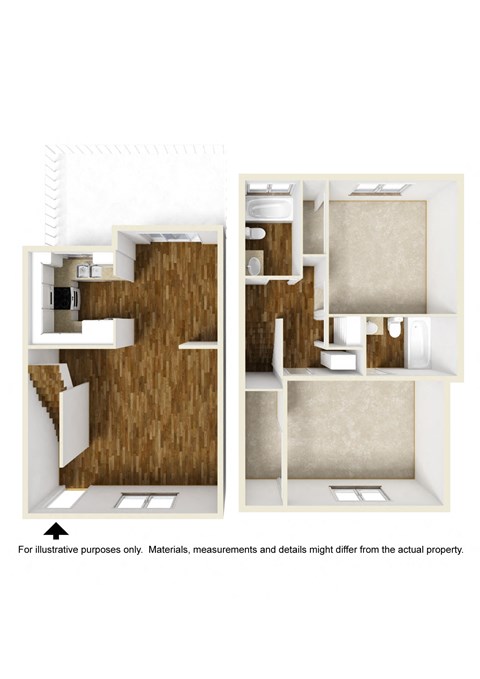 Floor plan for 2 beds, 2 baths, 1050 sqft
