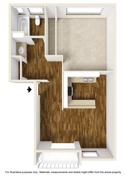 Floor plan for 1 bed, 1 bath, 700 sqft