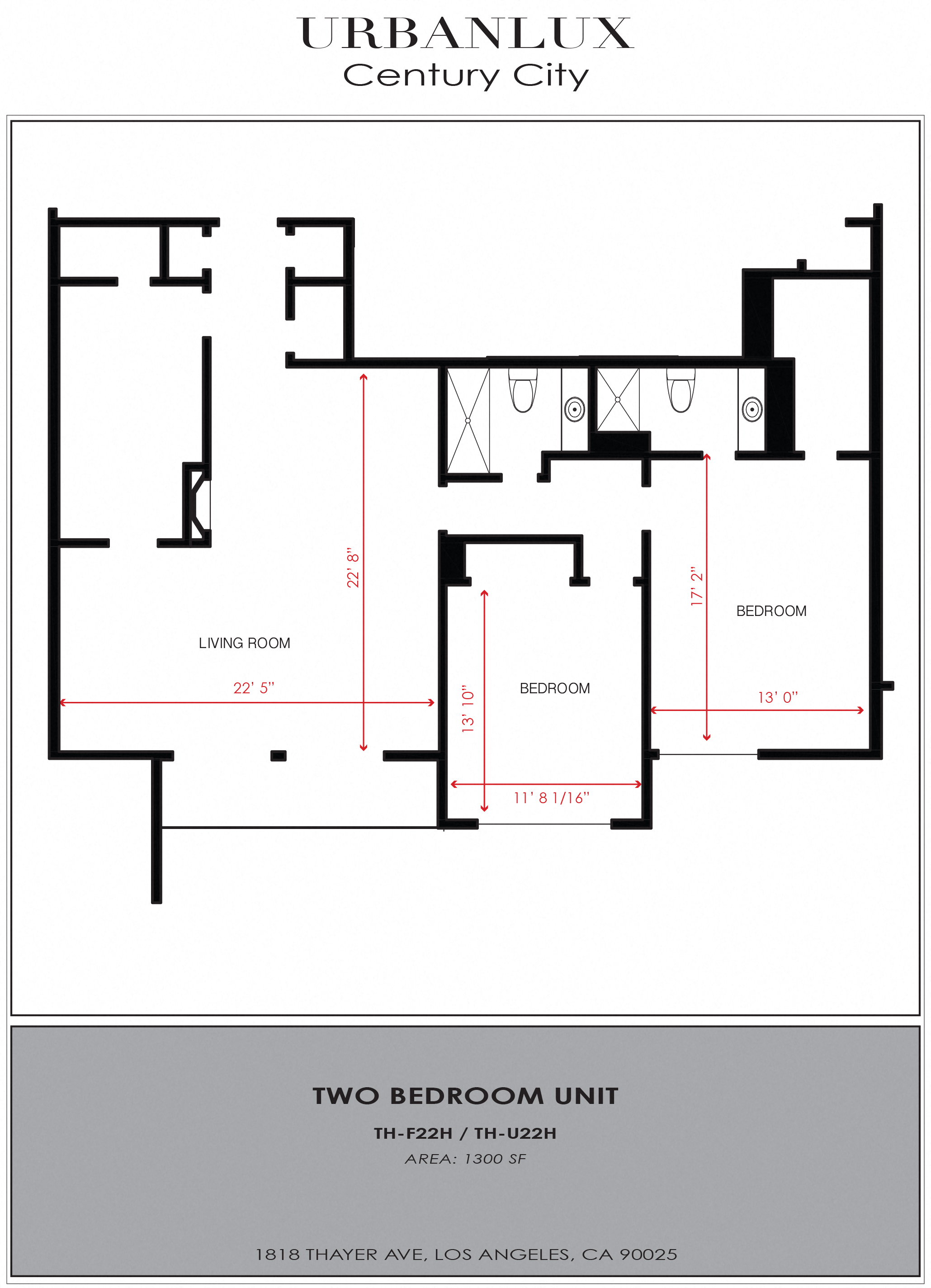Floor plan for 2 beds, 2 baths, 1300 sqft