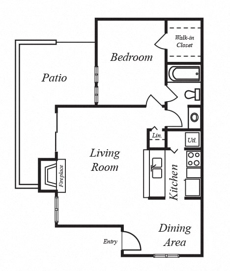 Floor plan for 1 bed, 1 bath, 490 sqft