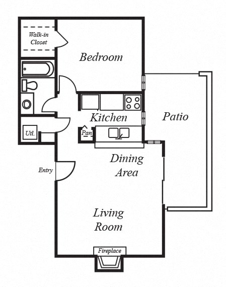 Floor plan for 1 bed, 1 bath, 736 sqft