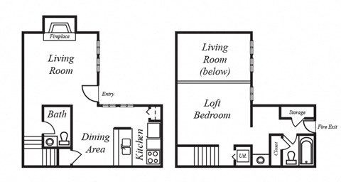 Floor plan for 1 bed, 1.5 baths, 839 sqft