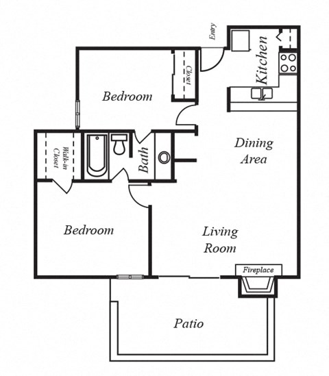 Floor plan for 2 beds, 1 bath, 834 sqft