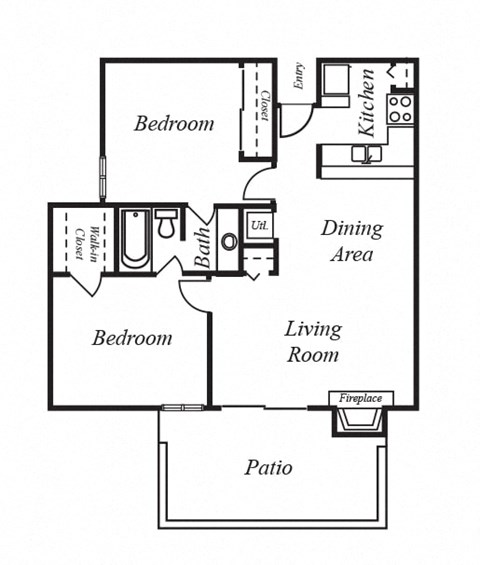 Floor plan for 2 beds, 1 bath, 904 sqft