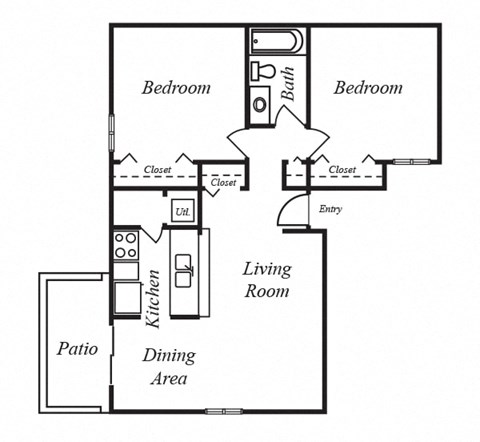 Floor plan for 2 beds, 1 bath, 800 sqft