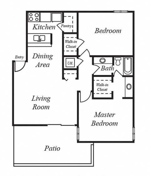 Floor plan for 2 beds, 1 bath, 999 sqft