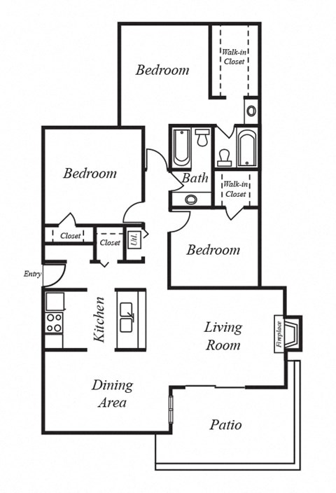 Floor plan for 3 beds, 2 baths, 1346 sqft