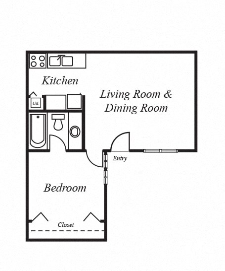 Floor plan for 1 bed, 1 bath, 494 sqft