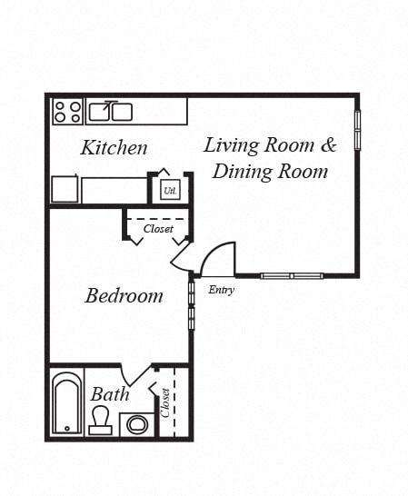 Floor plan for 1 bed, 1 bath, 530 sqft