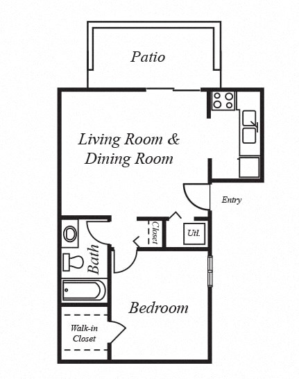 Floor plan for 1 bed, 1 bath, 675 sqft