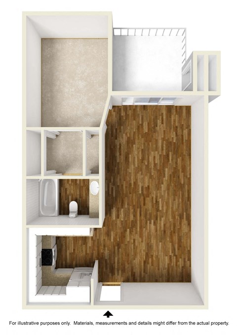 Floor plan for 1 bed, 1 bath, 664 sqft