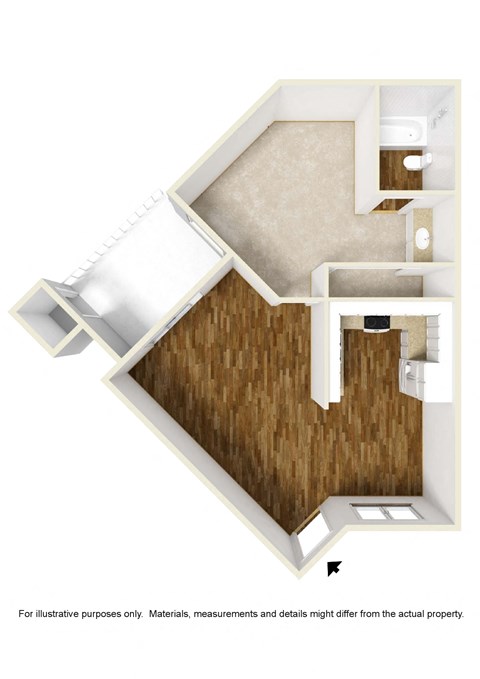 Floor plan for 1 bed, 1 bath, 638 sqft