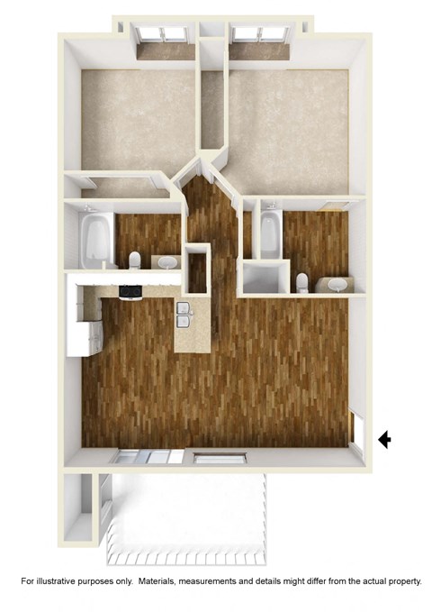 Floor plan for 2 beds, 2 baths, 929 sqft