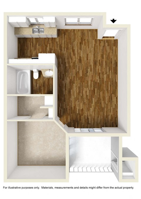 Floor plan for 1 bed, 1 bath, 532 sqft