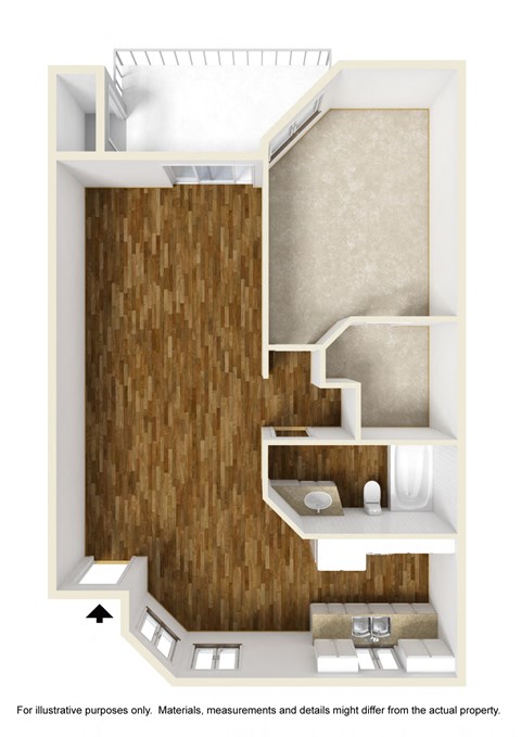 Floor plan for 1 bed, 1 bath, 750 sqft