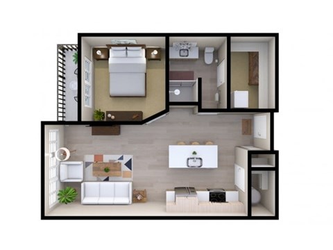 Floor plan for 1 bed, 1 bath, 715 sqft