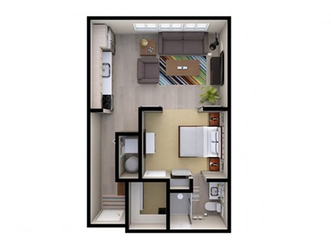Floor plan for 1 bed, 1 bath, 600 sqft