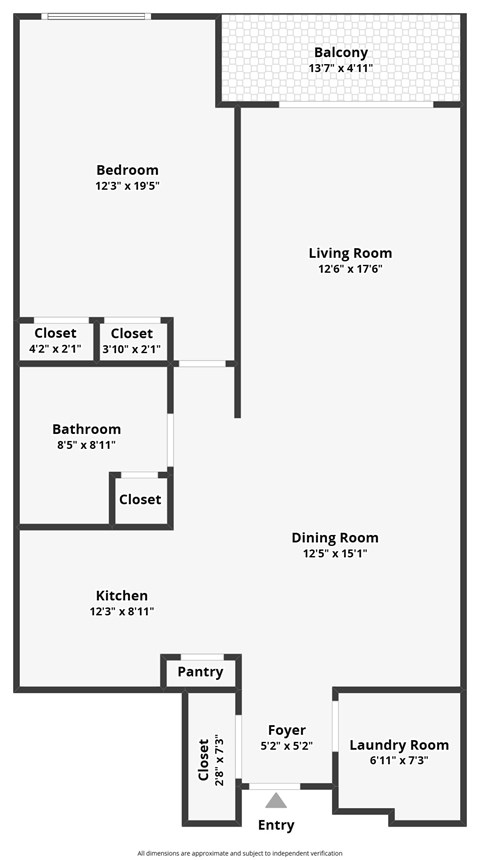 Floor plan for 1 bed, 1 bath, 960 sqft