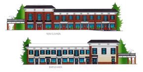 Warwick apartment for rent - Two images of a building with the front and rear elevations labeled.
