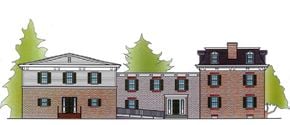 Warwick apartment for rent - A drawing of a two-story brick building with a white door and windows.